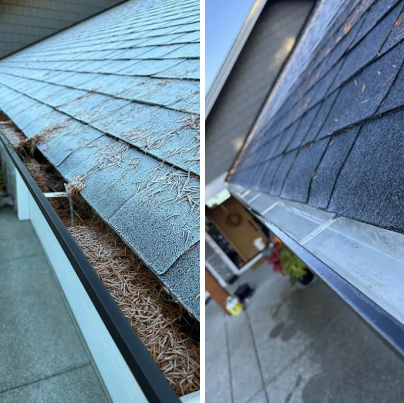 Before and after of islandCLEAN's Roof gutter cleaning service